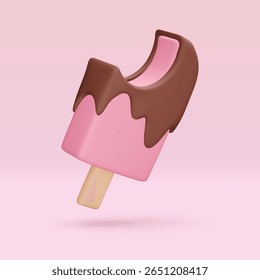 Rosa mordido Sorvete com esmalte chokolate, ícone, renderização 3d. Elementos de design. Ícone de fast food realista. Comida doce. Ilustração vetorial isolada em branco para menu, loja, folheto, banner, web, adv, venda