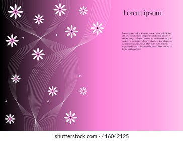 Pink and  black abstract background with flowers, smooth lines and text. Vector background for placing of your text
