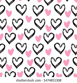 Pink and black abstract hearts cute trendy girly seamless pattern with texture. Applicable for paper or textile print, web and other backgrounds.