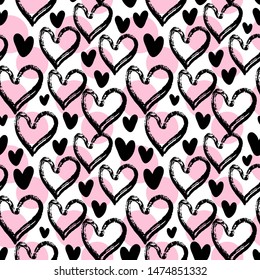 Pink and black abstract hearts cute trendy girly seamless pattern with texture. Applicable for paper or textile print, web and other backgrounds.