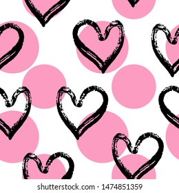 Pink and black abstract hearts cute trendy girly seamless pattern with texture. Applicable for paper or textile print, web and other backgrounds.