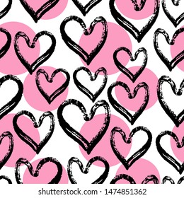 Pink and black abstract hearts cute trendy girly seamless pattern with texture. Applicable for paper or textile print, web and other backgrounds.