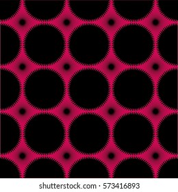 Pink and black abstract repeating seamless geometric vortex curved lines in black barbed circles on dark background vector pattern flat design