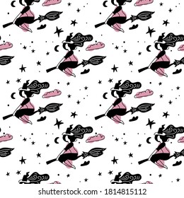 Pink and black Abstract seamless pattern for girls. Creative vector background with young witch on broom for halloween. Funny wallpaper for textile and fabric. Fashion style. Simple picture for kids.