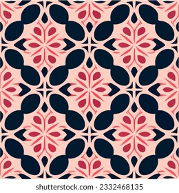 Pink and black art nouveau pattern with repeating black circles. It s a seamless fabric design that exudes elegance and symmetry.