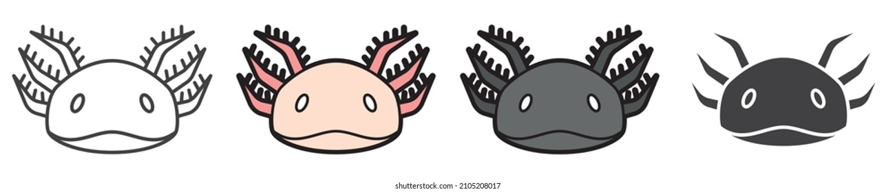 Pink and black Axolotl icons and silhouette. Scalable symbol. Thin outline in black. Vector illustration for use in web, mobile apps, print media and logo.