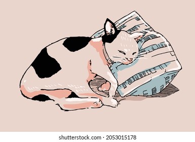 a pink and black baby cat vector, cat sleeping on a blue striped pillow, presents a warm, sweet, comfortable and relaxing feeling, hand drawn isolated layers.
