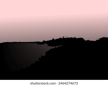 Pink and black background of lagoon with sea and rock hills. 