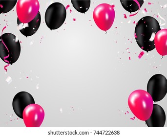 Pink And Black Balloons, Black Friday Sale, Vector Illustration. Confetti And Ribbons, Celebration Background Template With.