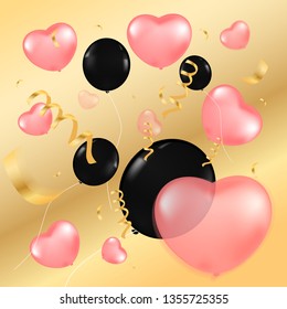 Pink and black balloons with gold ribbons on shiny background. Template for holidays, banners, covers 