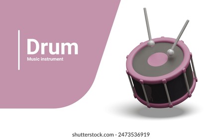 Pink black big drum. Percussion bass instrument with drumsticks