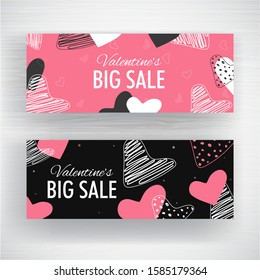 Pink and Black Big Sale Header or Banner Design Decorated with Scribble Style Hearts Shape for Valentine's Day.