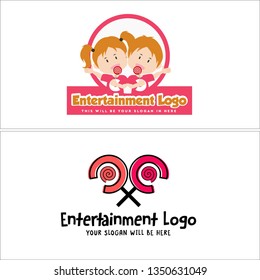 Pink black brown line art child girl and boy lollipop circle combination mark logo design vector suitable for entertainment the arts fun kindergarten