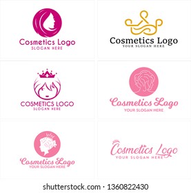 Pink black brown line art face women crown badge combination mark logo design concept suitable for cosmetics beauty web shop salon hairstyle training clothes online