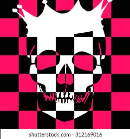 Pink and black checkered pattern background with skull silhouette illustration together vector print pattern. For fashion and graphic design and halloween, Special gift offers, t shirt print, king
