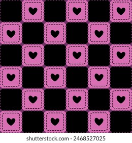 Pink and Black Checkered Pattern with Hearts