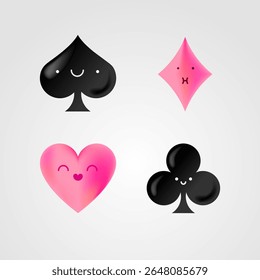 Pink and black cute card suits with facial expressions — minimal vector set