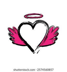 Pink and black emo heart icon with wings and nimbus. Holiday vector heart. Hand drawn grunge heart love symbol isolated on white background.