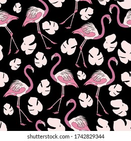 Pink Black Flamingo Seamless Pattern Design