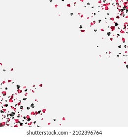 Pink and black foil hearts confetti frame on white background with space for text. Wedding, birthday, Valentine's Day. Vector holiday illustration.