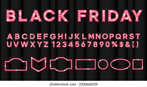 Pink Black Friday bulbs light effect. Movies night shiny letters. Vintage text with led lit.