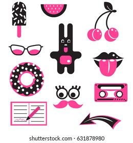 Pink and black fun patches. Vector stickers.