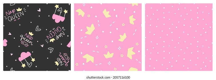 Pink black glamorous seamless pattern set with nap queen sign for teenager girl pajama fabric print.