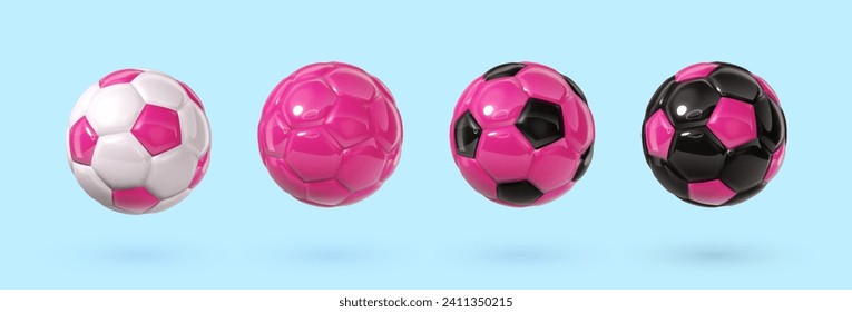 Pink and black glossy football balls isolated design elements. Colorful rosy soccer balls collection. Vector 3d design elements on light background. Sports close up icons