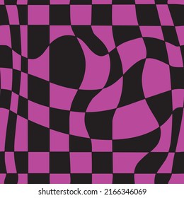 Pink and Black Groovy Wavy Melted Psychedelic Checkerboard Y2K 90s seamless pattern vector background. Retro hippie trippy optical repeat texture wallpaper, textile design.