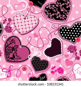 Pink and black Hearts on a pink background - seamless pattern