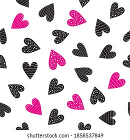 Rosa und schwarze Herzen. Nahtlose Wiederholung, perfekt für Valentinstag Einladung, Karten und Tapete, Flyer oder Hochzeitsdesigns. Vektorgrafik.