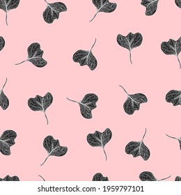pink black Leaves with stripes veins. Vector seamless pattern botanical illustration. For textiles, fabrics, packaging, paper, candelaria, postcards and wallpaper