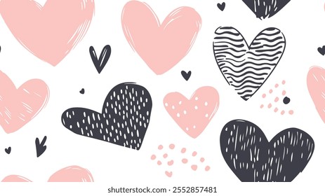 Pink and black love heart shape abstract seamless trendy pattern for happy valentines day. Hand drawn heart seamless pattern design on a white background