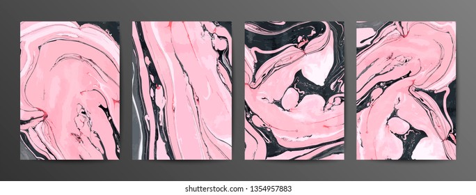 Pink and black marble textures backgrounds set. Resin and marble art abstract backdrop with text space. Fluid paint mixing drawing with copyspace. Modern art book, magazine cover, flyer vector mockup