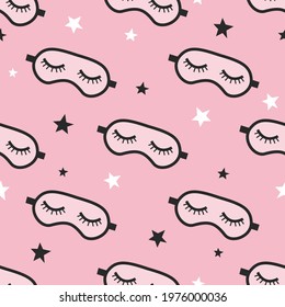 Pink and black mask for sleeping with the stars. Vector seamless pattern. Decor for children's posters, postcards, clothing and interior