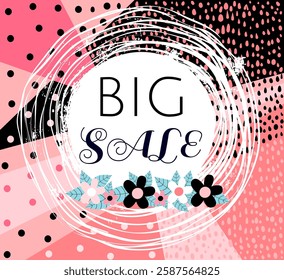 Pink and black modern geometric vector big sale sign, flyer or template, summer or spring floral promotion design