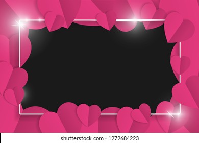 Pink and black origami paper hearts with silver shiny glowing vintage frame background. Luxury wedding, Valentines or mothers day concept. Love, feelings, tenderness design. Vector illustration