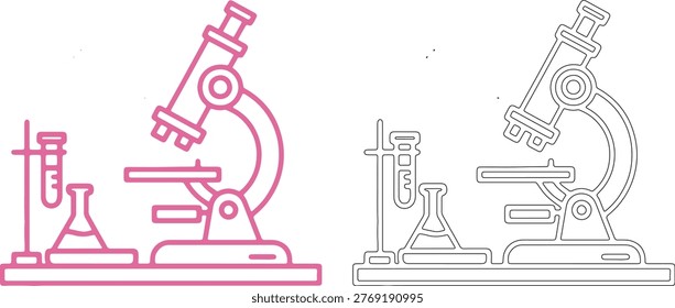 Pink and black outline microscope with beakers and test tubes