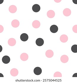 Pink and black polka dot vector seamless pattern on a white background.