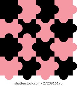 Pink and black puzzle pattern background. Seamless jigsaw design for wallpaper, wrapping paper, or digital textures. Modern and simple geometric gaming or educational concept. Vector illustration