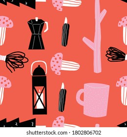 Pink black and red seamless repeat hand drawn camping outdoors pattern