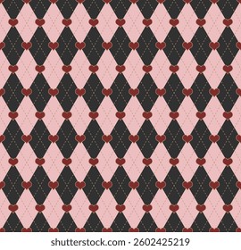 Pink and black rhombus geometric seamless vector background, red heart pattern, retro style, suitable for packaging, wallpaper, clip art, notebook,
