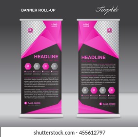 Pink and black Roll up banner stand template  flyer design, display,  polygon background