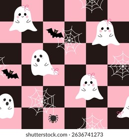 Pink and black seamless cartoon halloween ghost geo bow pattern. Pink Halloween ghost pumpkin skull and checkboard vector in flat style. Vector illustration for fabric wallpaper wrapping.	