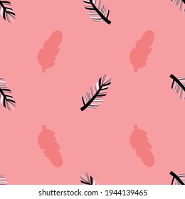 Pink and black Seamless repeat vector feather pattern in boho style. Vector illustration.