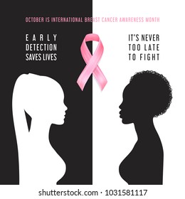 Pink and black silhouettes of woman with text Early detection saves lives, it is never too late to fight. Black women and white women. October is international Breast cancer awareness month.