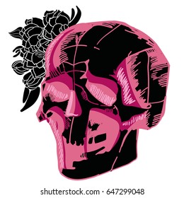 Pink black skull with flower. Hippie dead. Vector illustration. Glamor