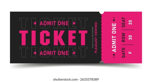 Pink and black ticket for one person for cinema theater and casino. Vector illustration.