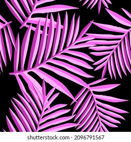 Pink and black  tropical leaves. Seamless graphic design. Suitable for fashion, interior design, packaging, packaging. Realistic leaves. Vertical layout. The leaves grow upward.