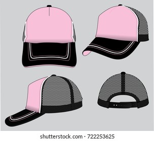Pink- Black Trucker Cap With Mesh Black Four Panels, Snap Back Strap Design On Gray Background, Vector File